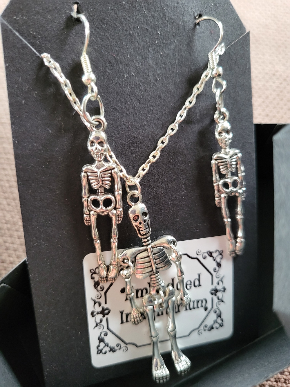 Silver Skeleton Pendant Necklace and Earring Set